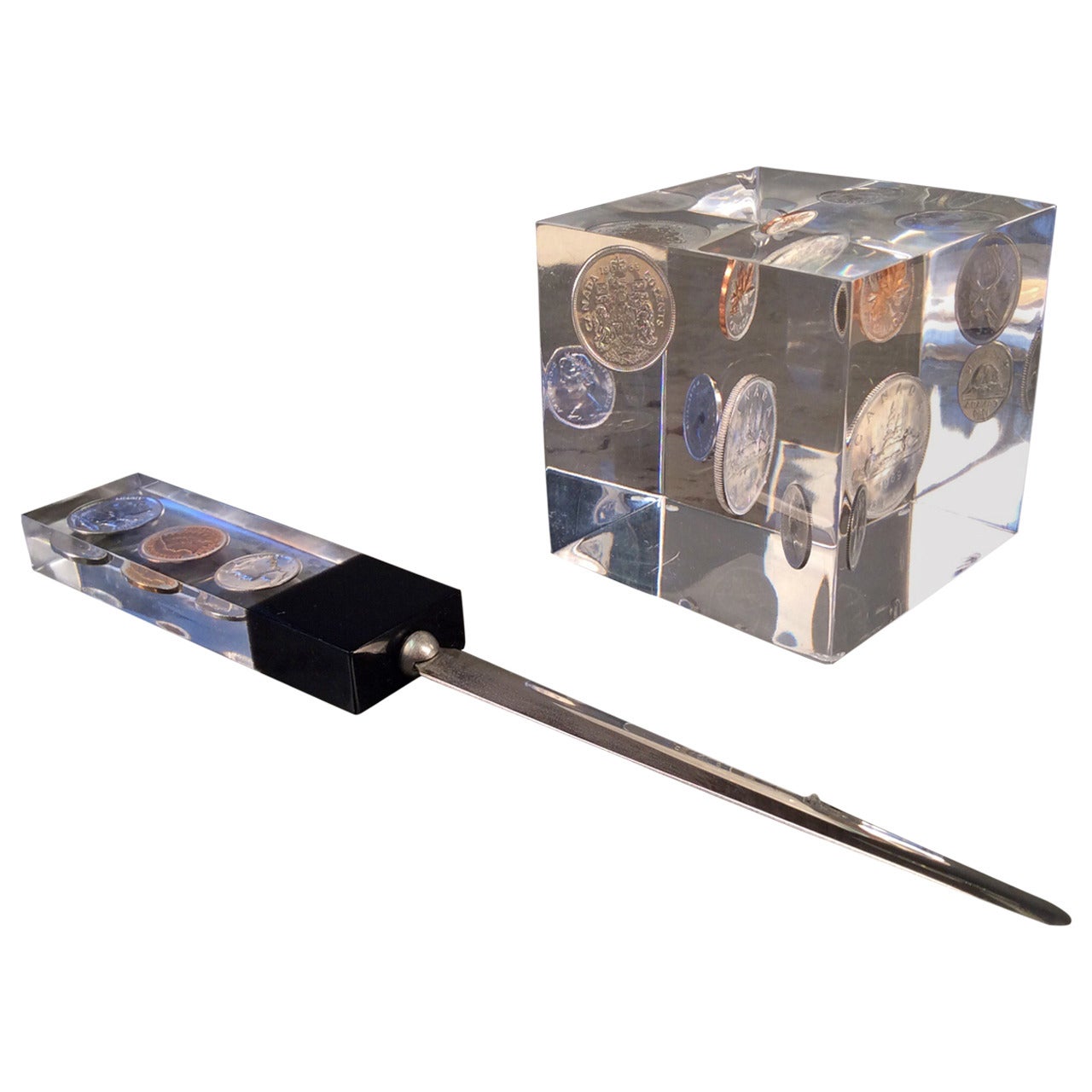 Lucite Letter Opener and Paperweight Set with Suspended Coins, 1970s