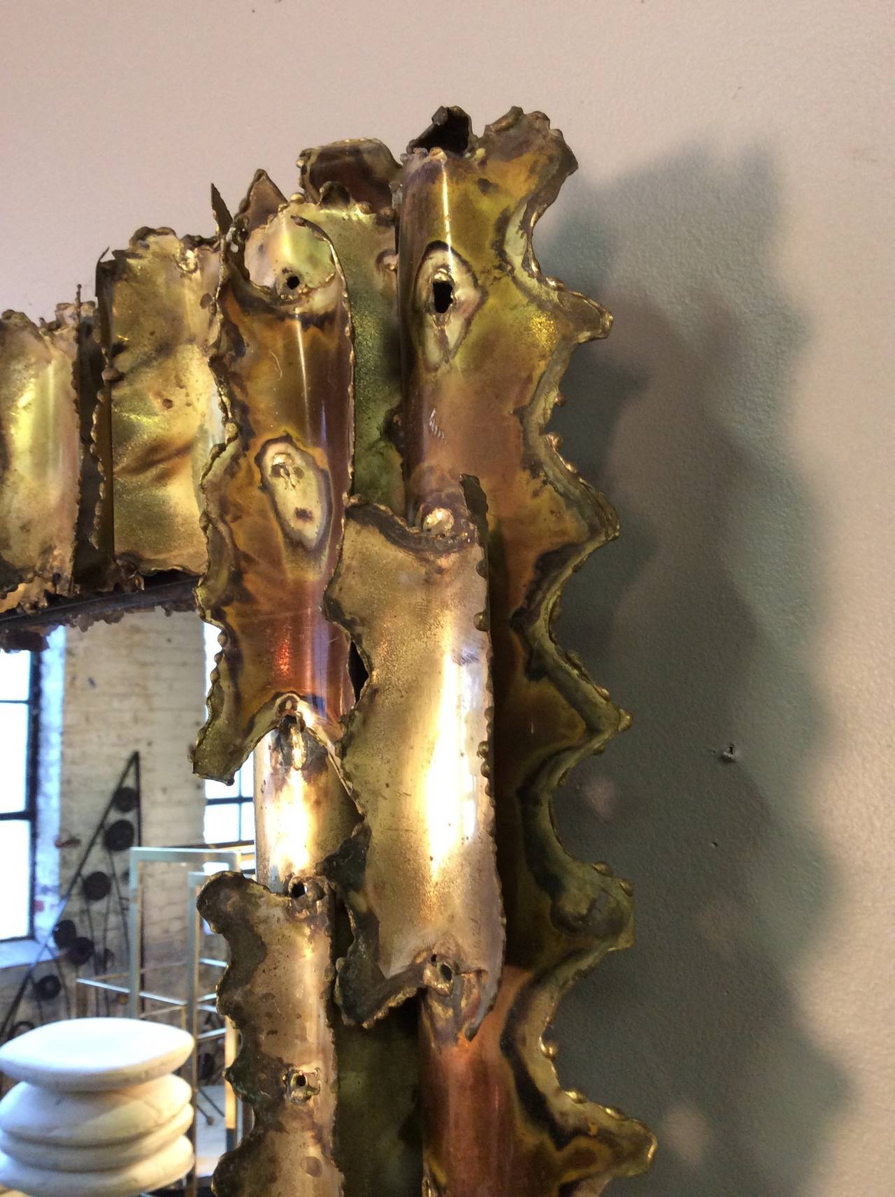American Sculptural Brutalist Torch Cut and Welded Brass Mirror, circa 1975