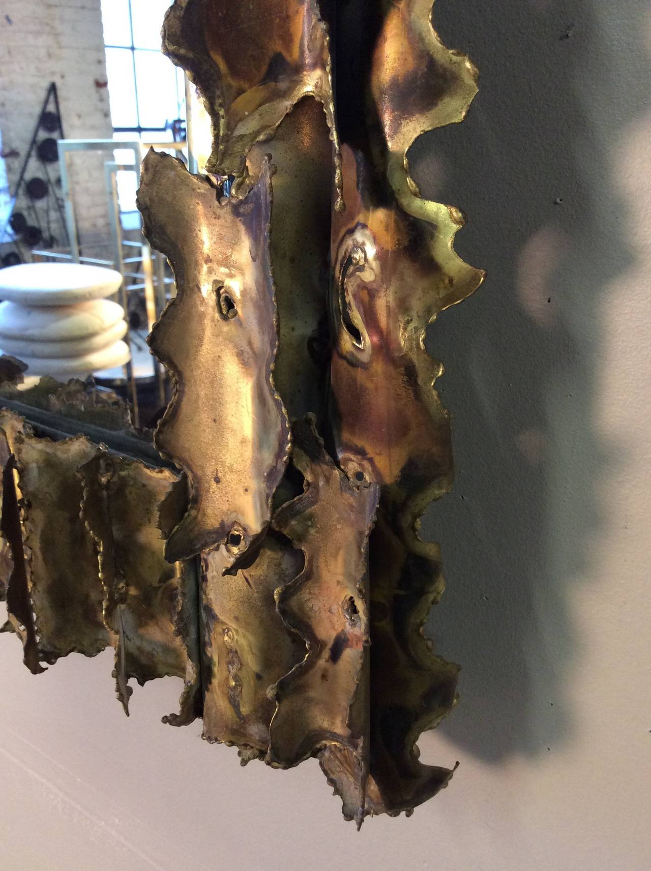 Sculptural Brutalist Torch Cut and Welded Brass Mirror, circa 1975 In Excellent Condition In New York, NY