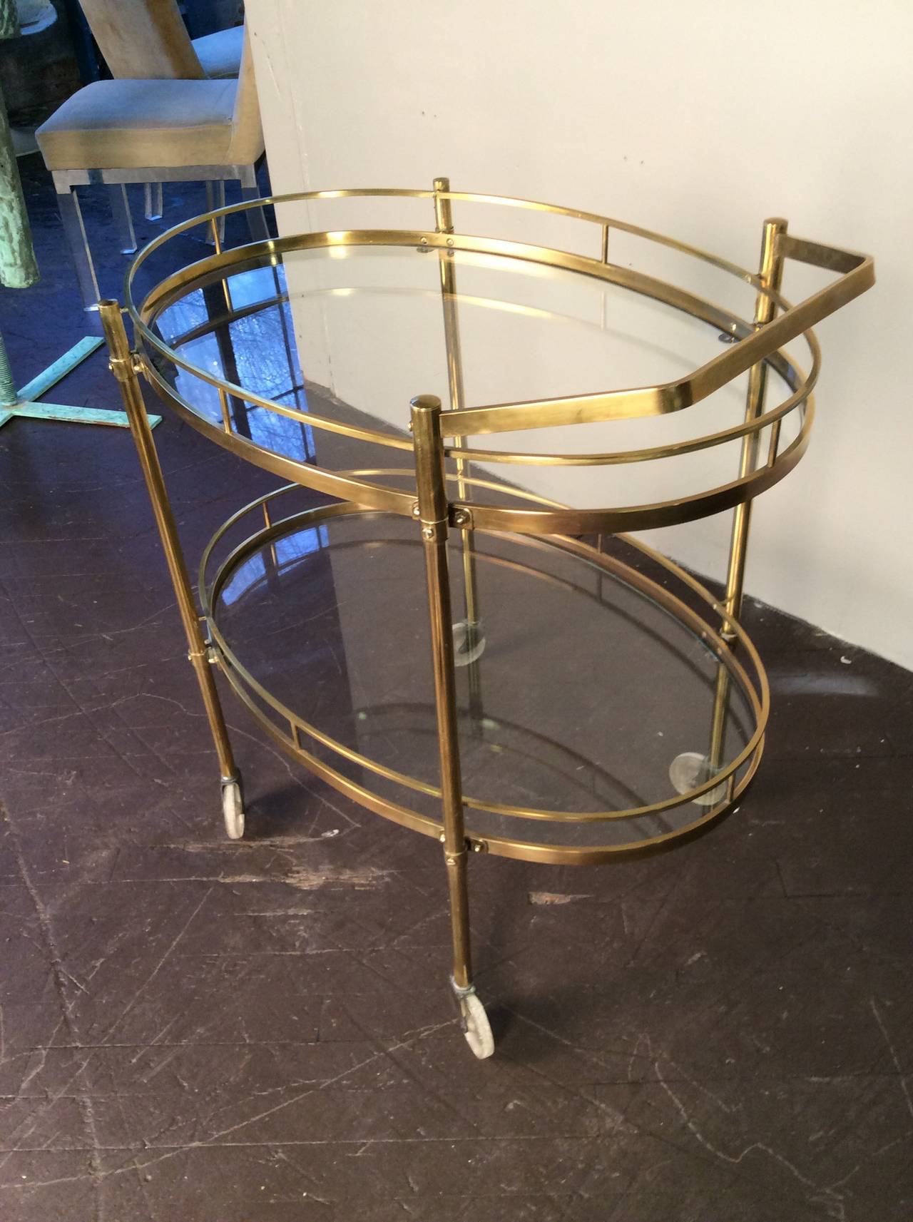 Hollywood Regency Patinated Solid Brass Bar Cart by Maxwell Phillips, New York City, circa 1960