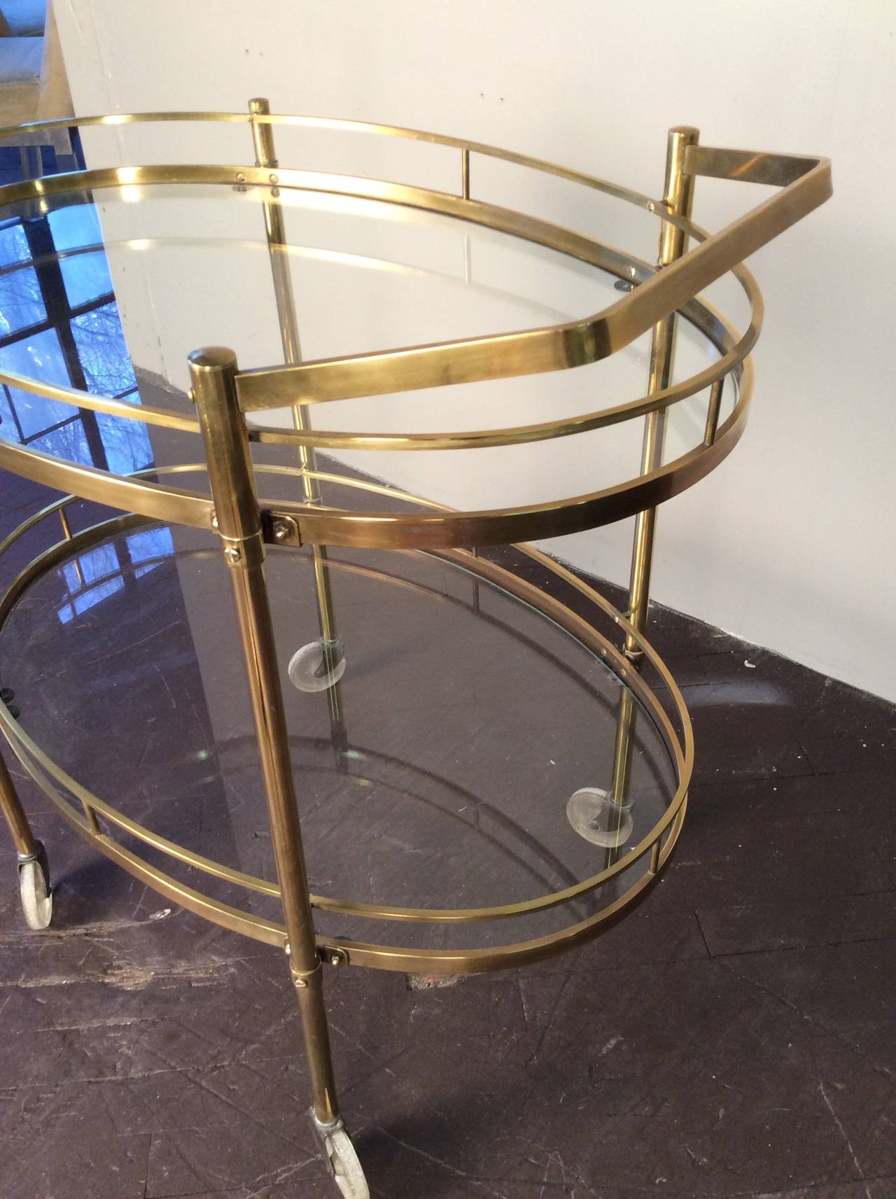 American Patinated Solid Brass Bar Cart by Maxwell Phillips, New York City, circa 1960