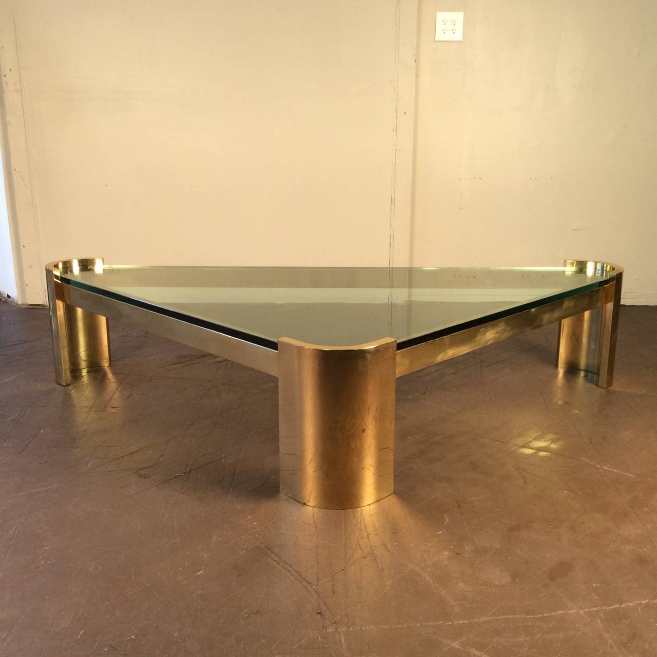 Mid-Century Modern Massive Brass Triangle Coffee Table by Jay Spectre Studio, circa 1980