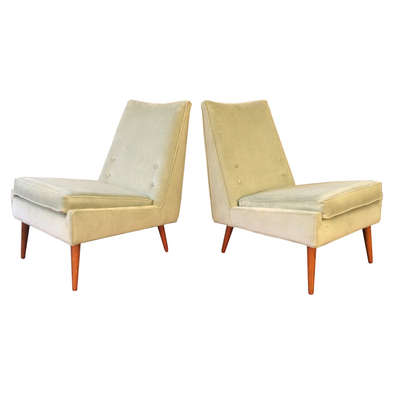 1950s Slipper Lounge Chairs in Sea Foam Velvet in the Style of Paul McCobb