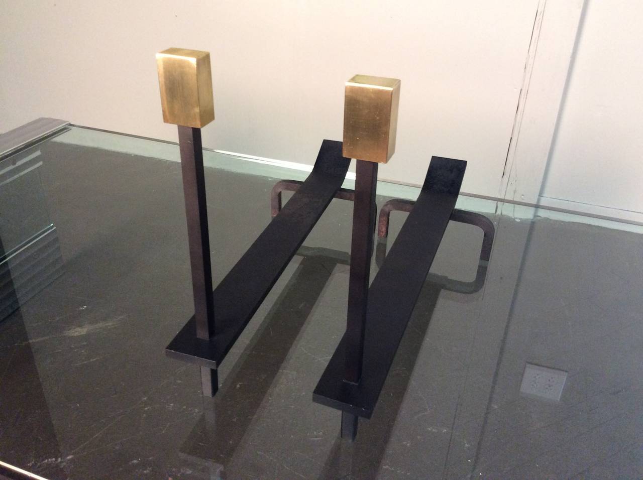 Mid-Century Modern Minimalist French Brass and Wrought Iron Andirons, circa 1960