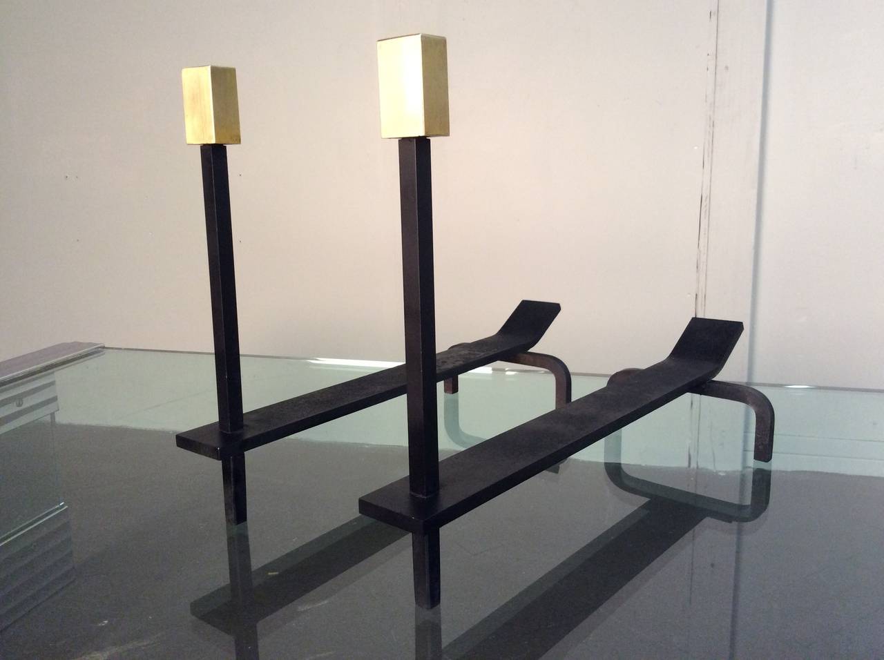 Mid-20th Century Minimalist French Brass and Wrought Iron Andirons, circa 1960