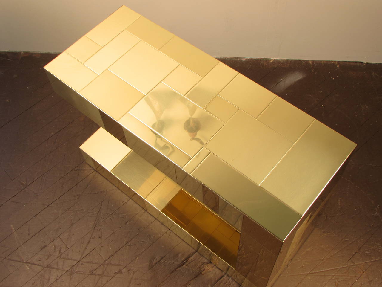 Veneer Exceptional Brass Cantilevered Cityscape Table Model PE219 Signed by Paul Evans