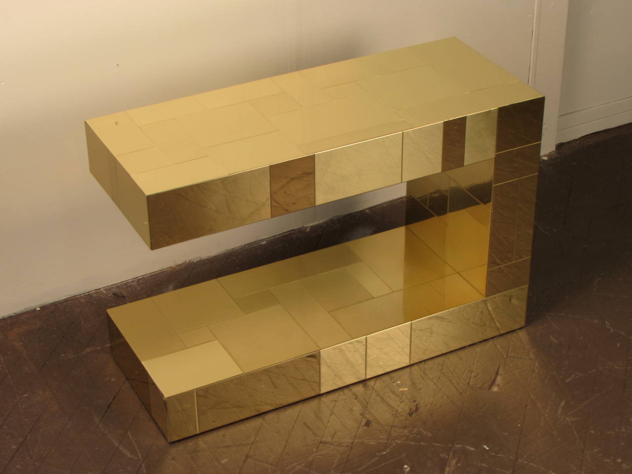 American Exceptional Brass Cantilevered Cityscape Table Model PE219 Signed by Paul Evans