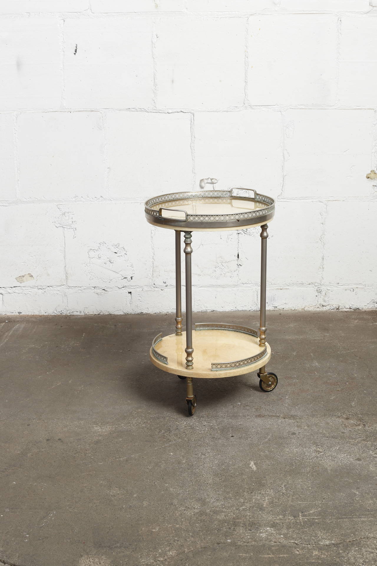 Italian Petite Goatskin Bar Cart with Removable Serving Tray by Aldo Tura, Italy