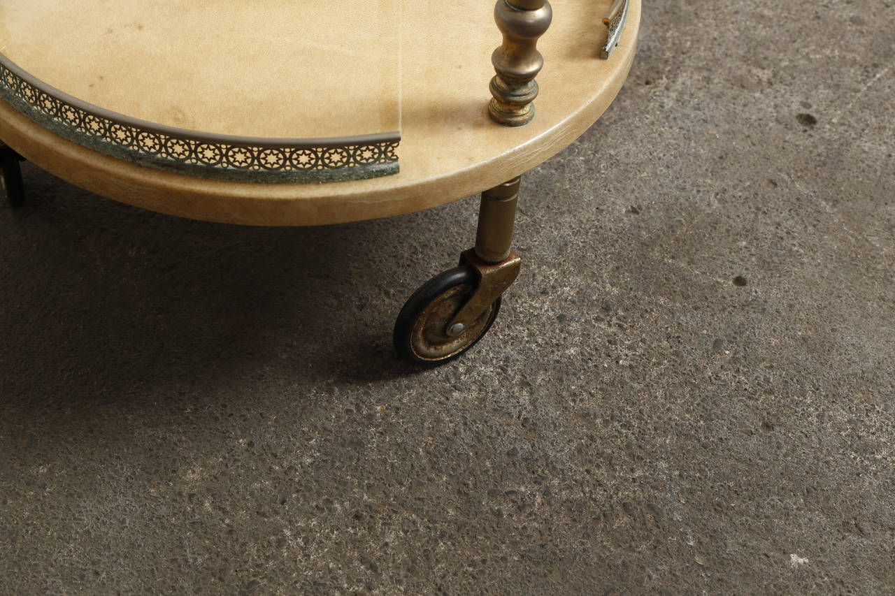 Brass Petite Goatskin Bar Cart with Removable Serving Tray by Aldo Tura, Italy