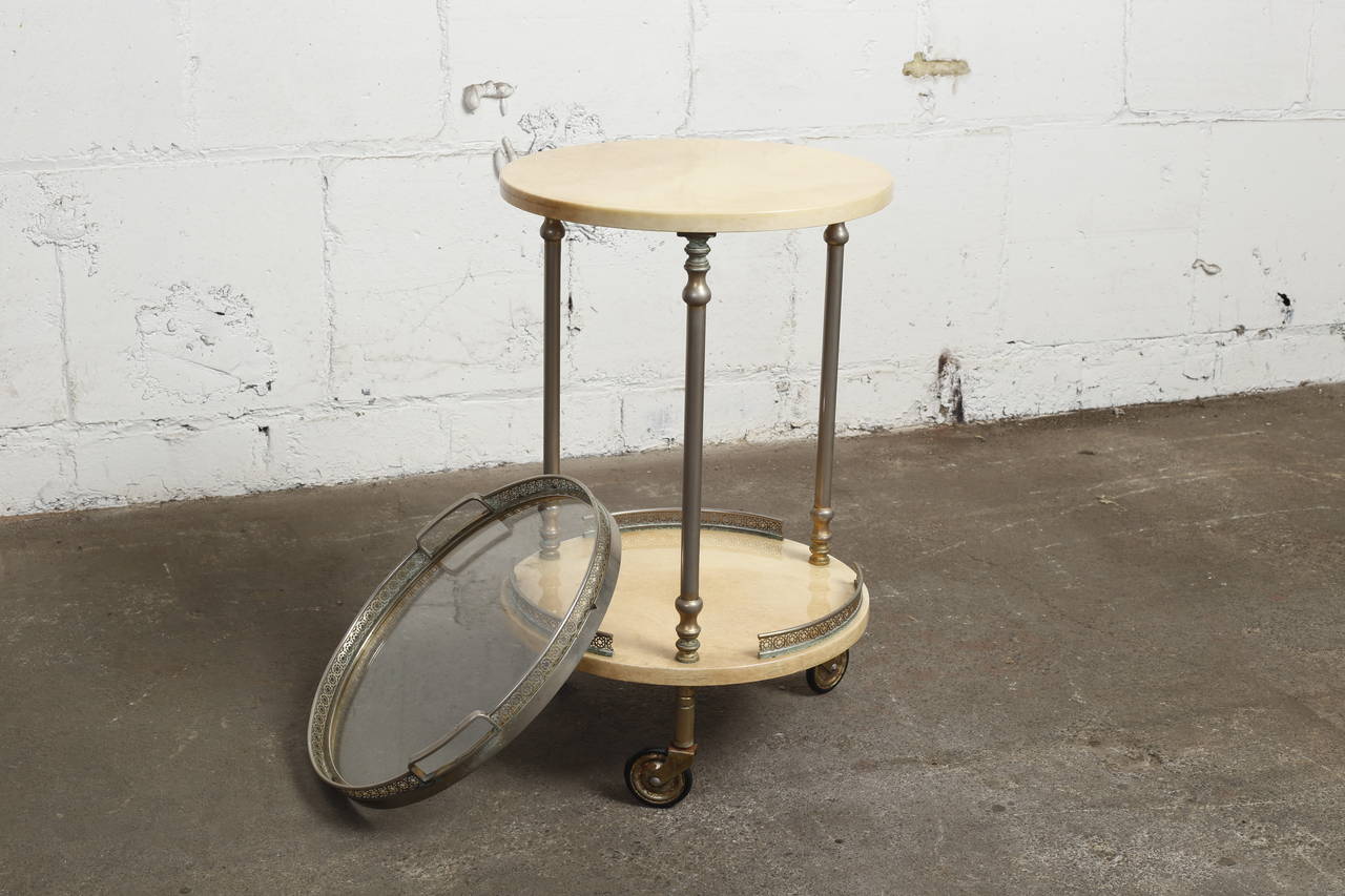 Petite Goatskin Bar Cart with Removable Serving Tray by Aldo Tura, Italy In Excellent Condition In New York, NY