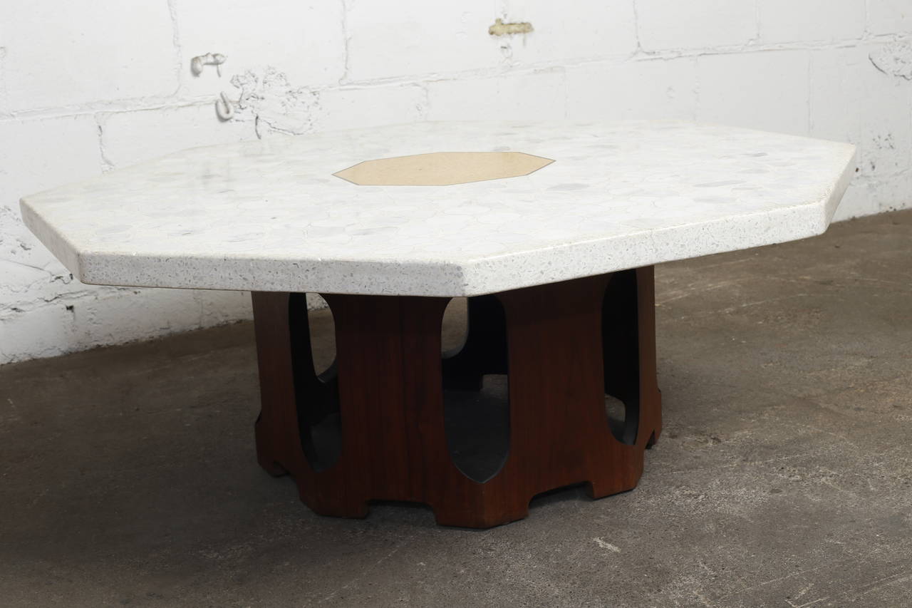 American Octagonal Terrazzo Coffee Table with Walnut Base by Harvey Probber