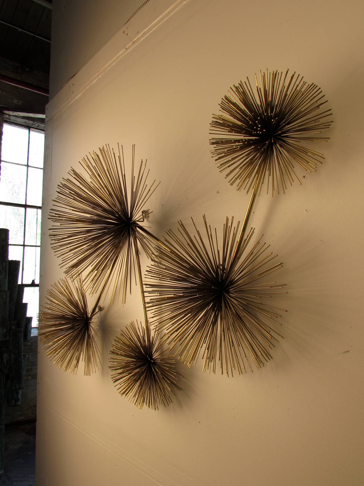 Welded Large Brass Pom Pom Starburst Wall Sculpture by Curtis Jere, USA, 1979