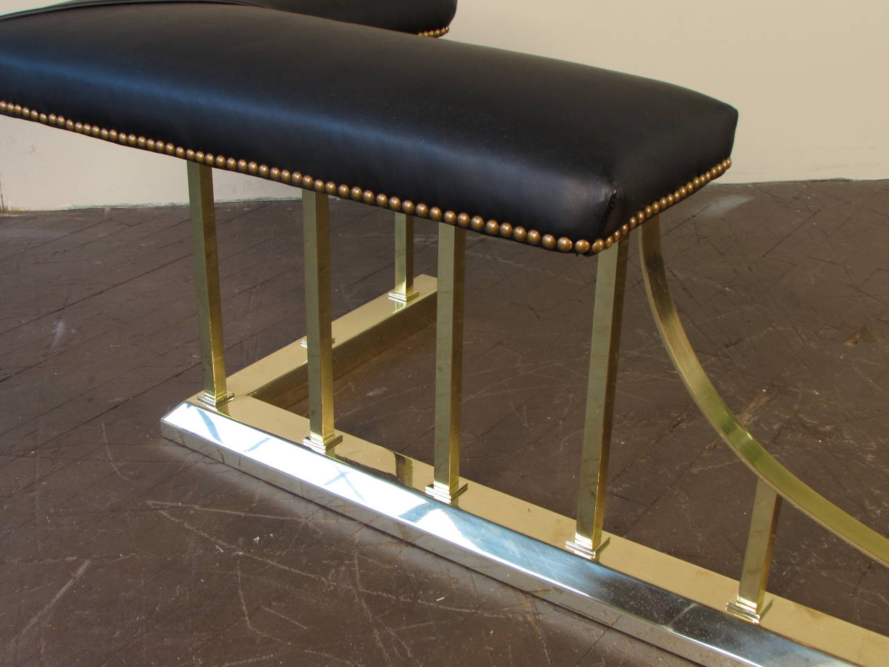 Welded Large Brass and Leather Fireplace Club Fender from Danny Alessandro, NYC, 1970s