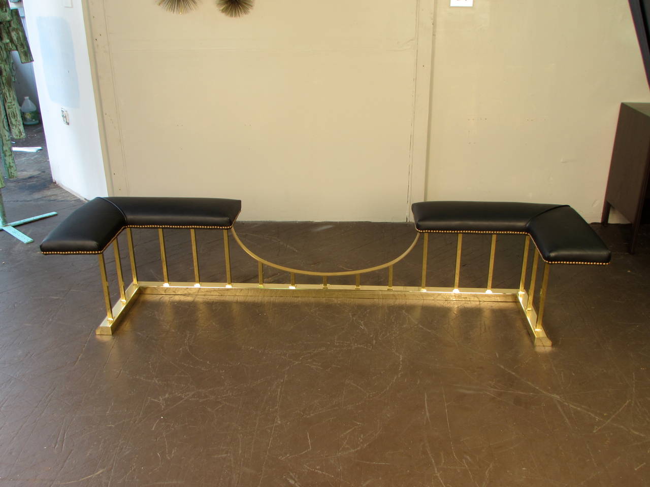 American Large Brass and Leather Fireplace Club Fender from Danny Alessandro, NYC, 1970s
