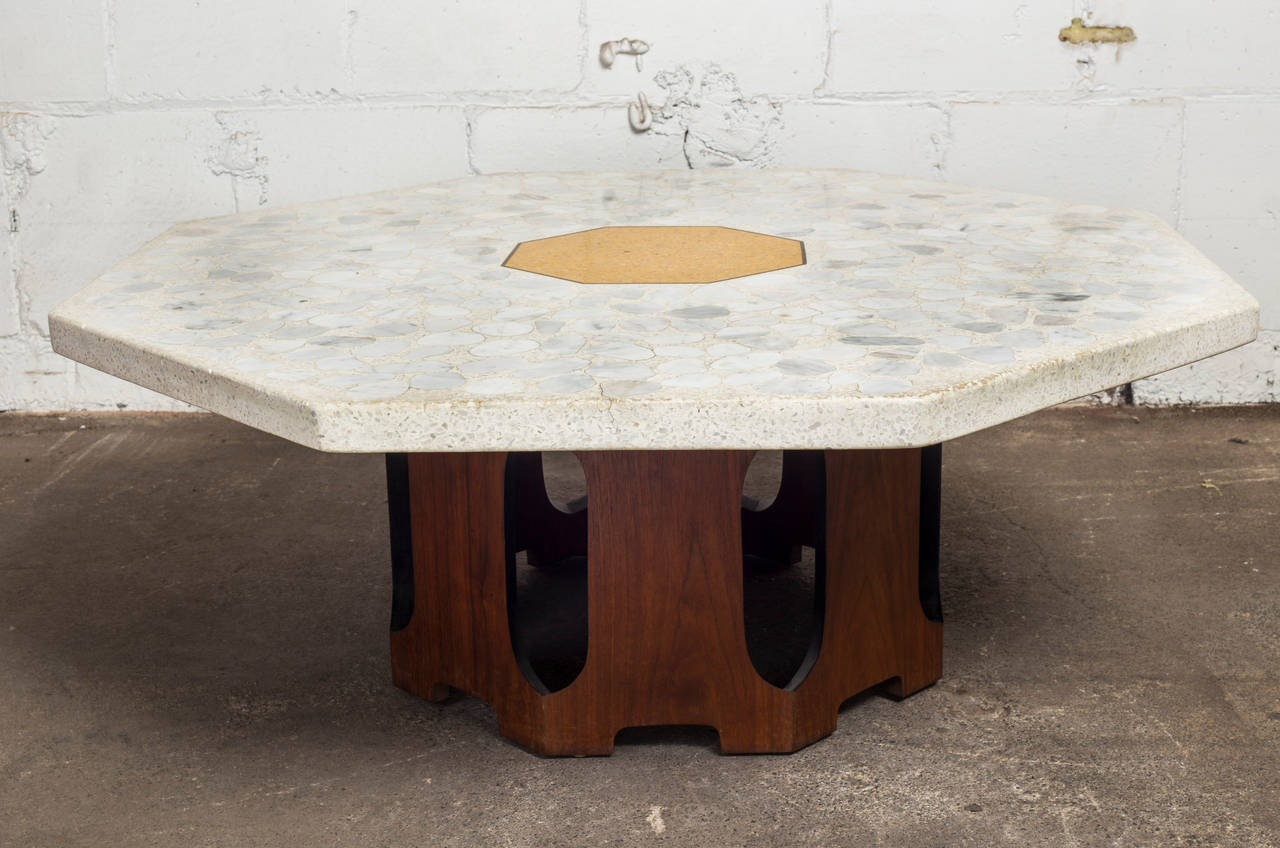 Octagonal Terrazzo Coffee Table with Walnut Base by Harvey Probber In Excellent Condition In New York, NY