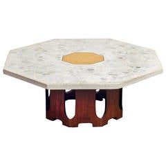 Octagonal Terrazzo Coffee Table with Walnut Base by Harvey Probber