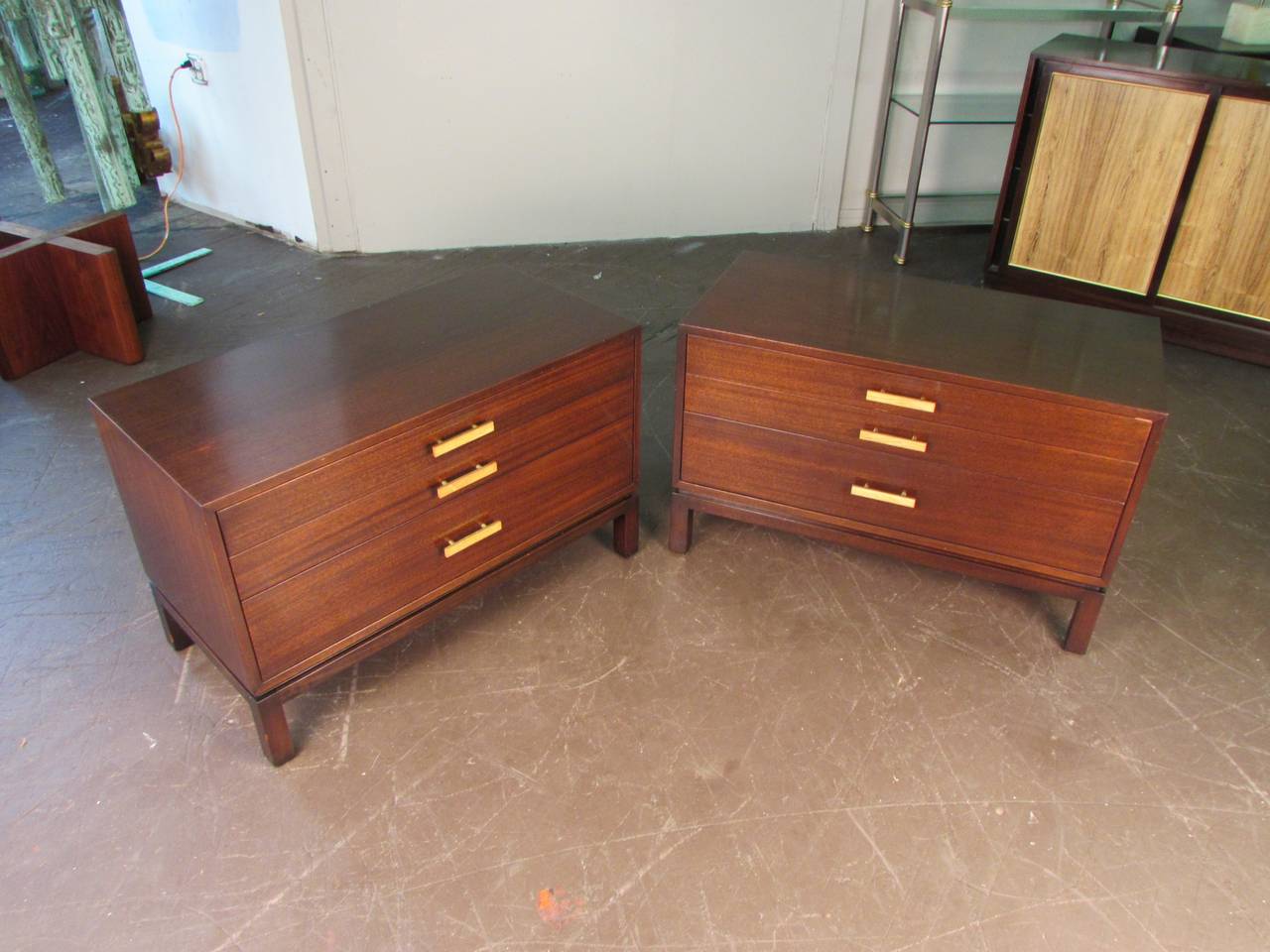 Brass Custom Ribbon Mahogany End Tables or Nightstands by Harvey Probber Studio, 1965