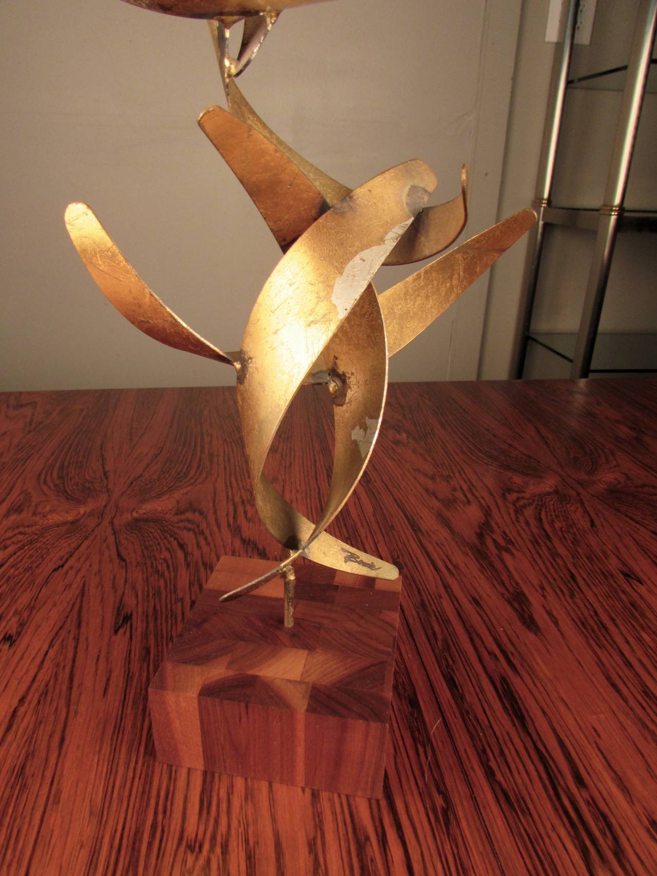 Rare Gilded William Bowie Table Sculpture on Staved Teak Base, Signed In Excellent Condition In New York, NY