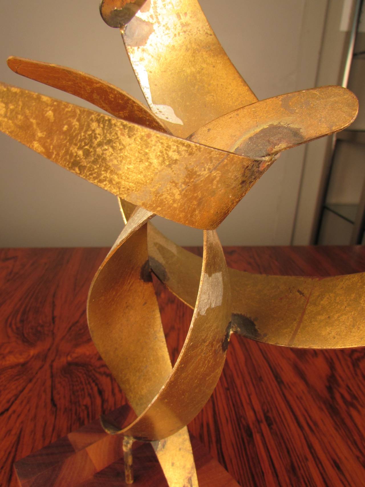 Cut Steel Rare Gilded William Bowie Table Sculpture on Staved Teak Base, Signed