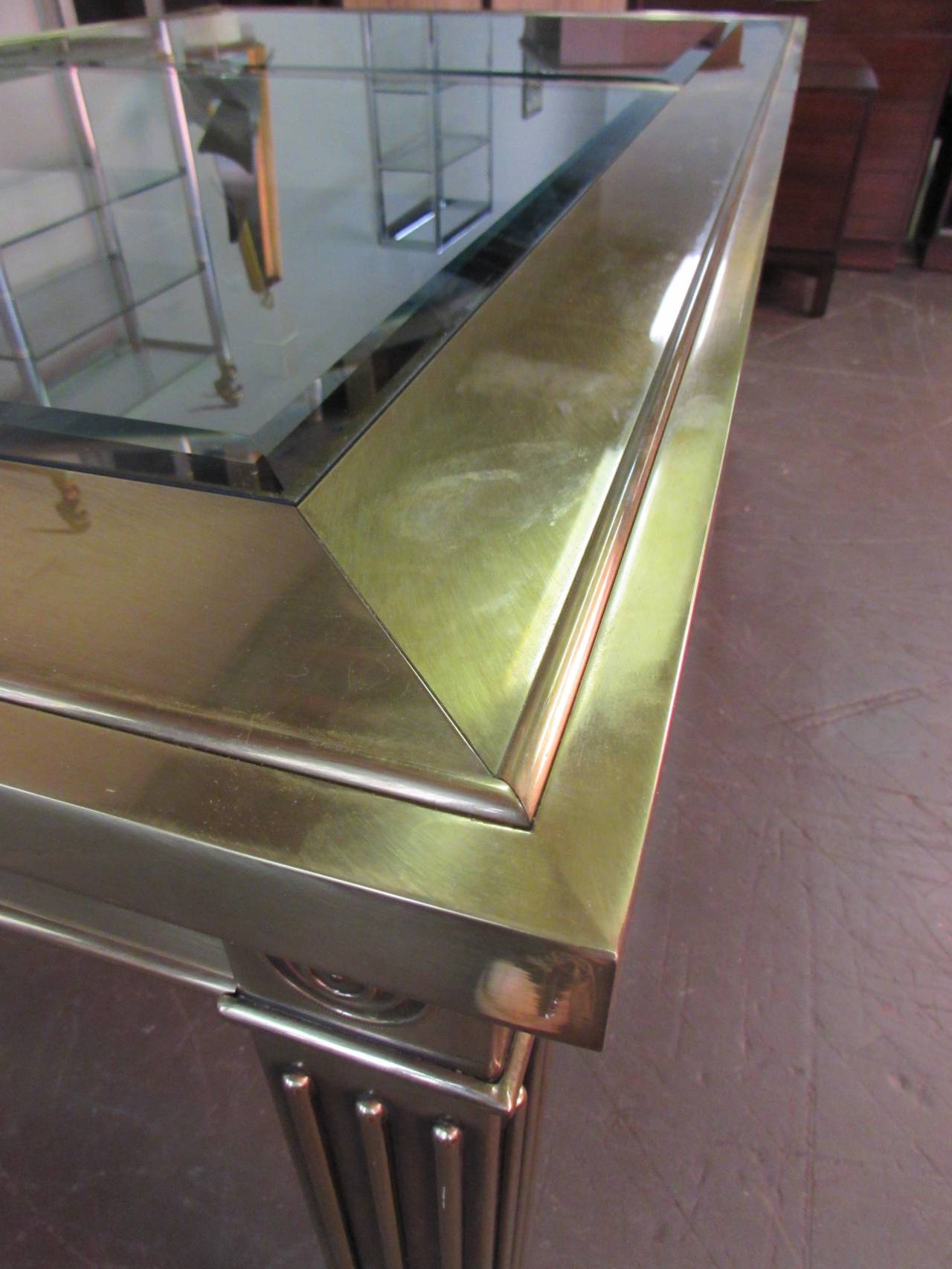 Striking Brass and Glass Dining Table with Leaf by Mastercraft, 1970s In Excellent Condition In New York, NY