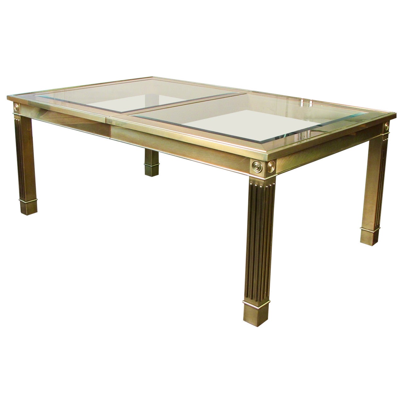 Striking Brass and Glass Dining Table with Leaf by Mastercraft, 1970s