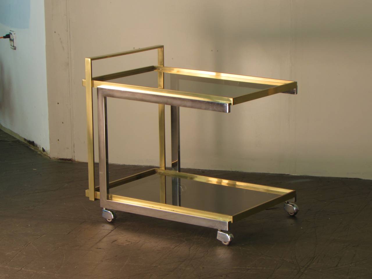 Mid-Century Modern Brass and Chrome Cantilevered Bar Cart, Italy, 1970s