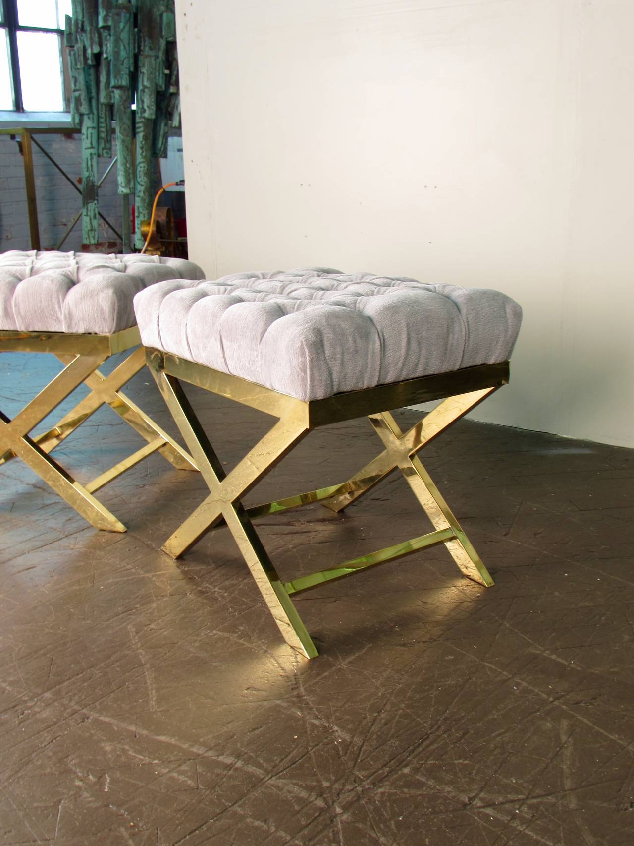 Phenomenal "X" Frame Brass Benches by Charles Hollis Jones, 1970s