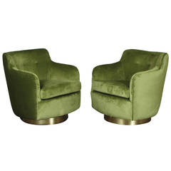 Vintage High Back Swivel Chairs in Velvet and Bronze by Milo Baughman, 1970