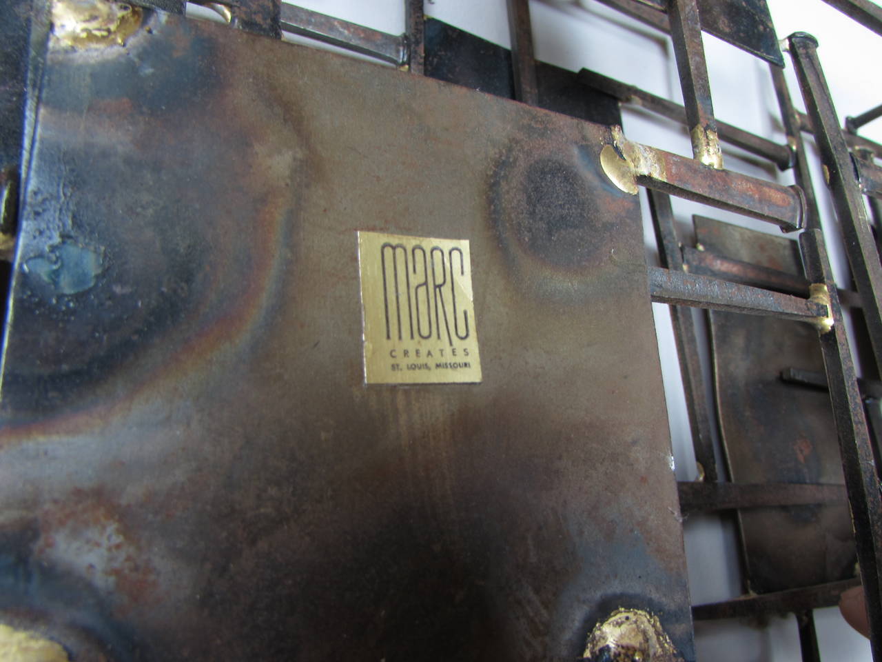 Large Brutalist Wall Sculpture in Brass and Steel by Marc Creates, Signed, 1960s 4