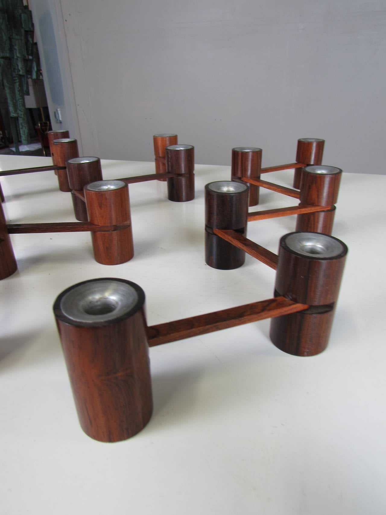 Three Rosewood and Aluminum Articulated Candleholders by Laurs Jensen, Denmark In Excellent Condition In New York, NY