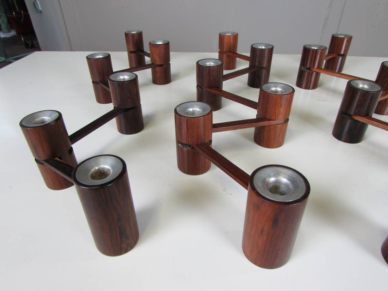 Mid-20th Century Three Rosewood and Aluminum Articulated Candleholders by Laurs Jensen, Denmark