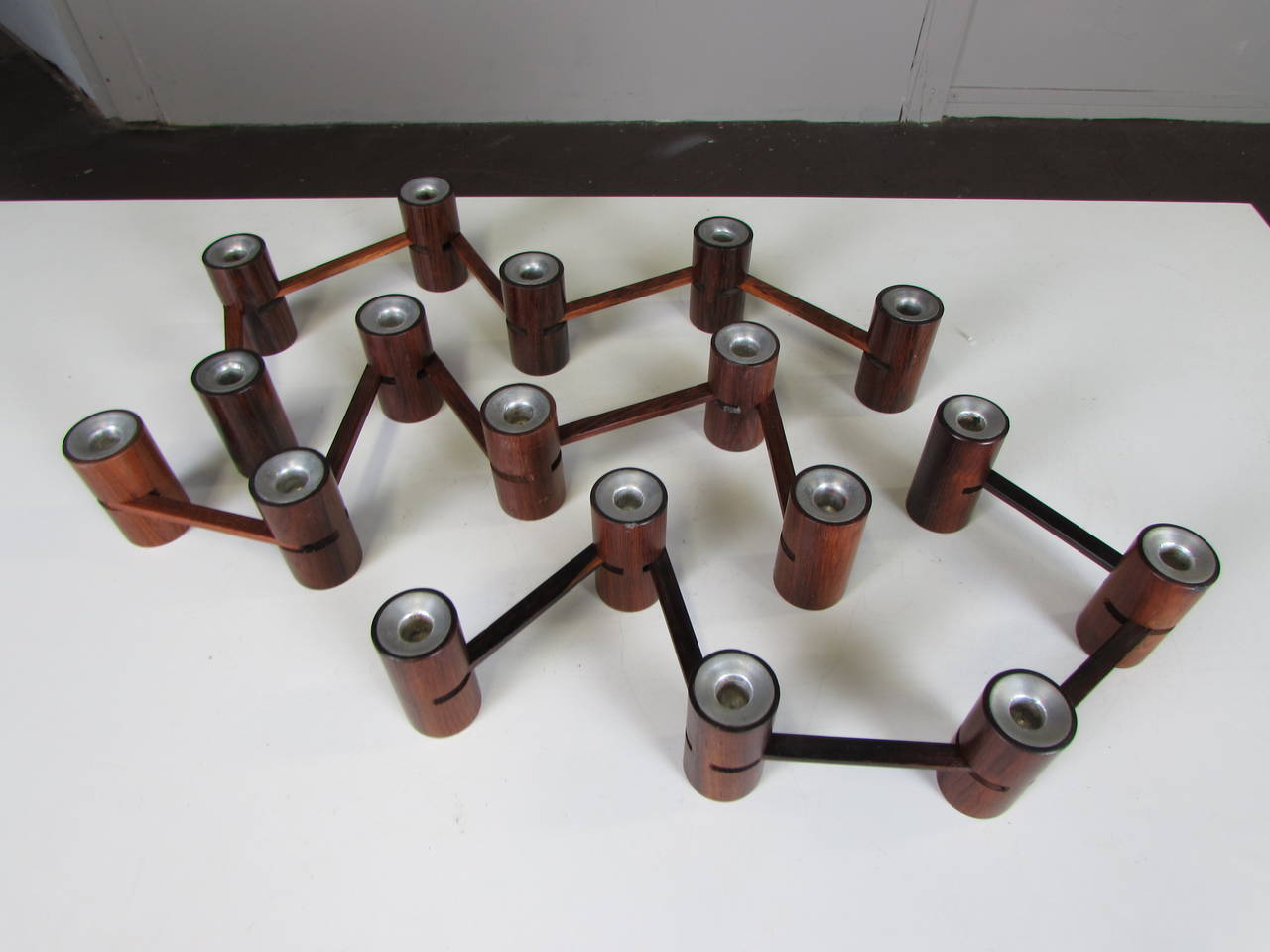 Three Rosewood and Aluminum Articulated Candleholders by Laurs Jensen, Denmark 1