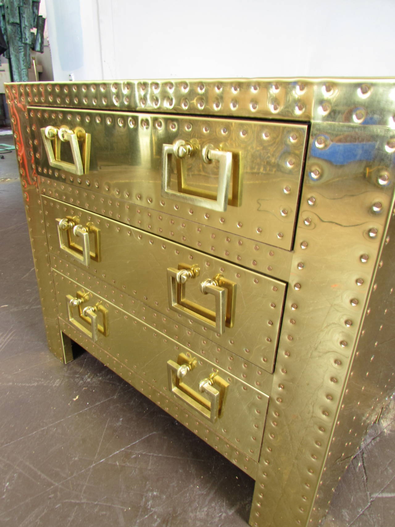 Immaculate Riveted Brass Chest of Drawers by Sarreid Ltd, Spain, 1970s