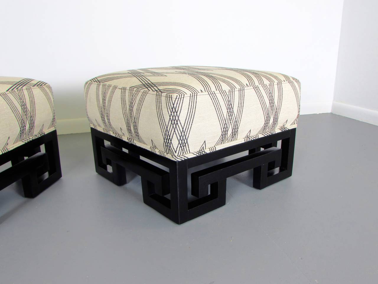 Hollywood Regency Incredible Ottomans or Stools with Lacquered Greek Key Bases after James Mont