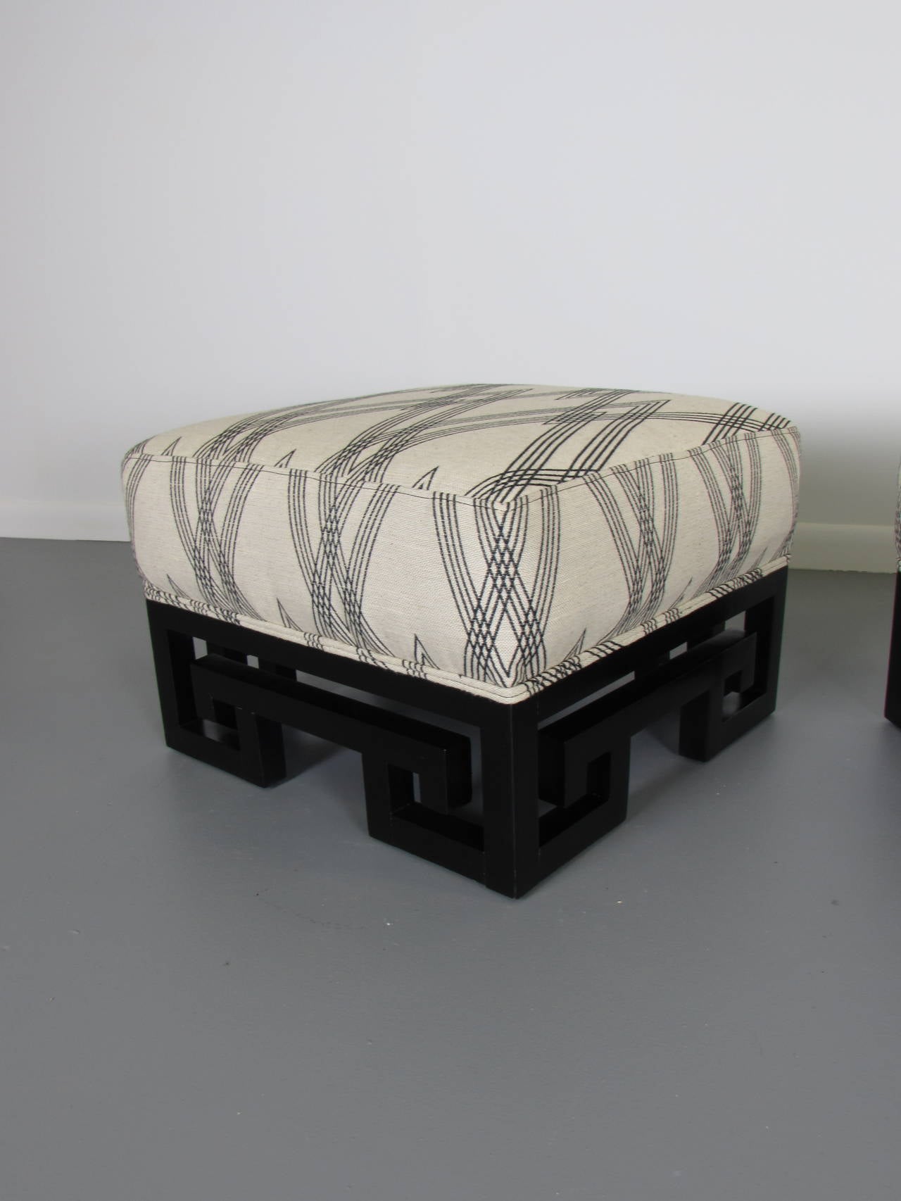 American Incredible Ottomans or Stools with Lacquered Greek Key Bases after James Mont
