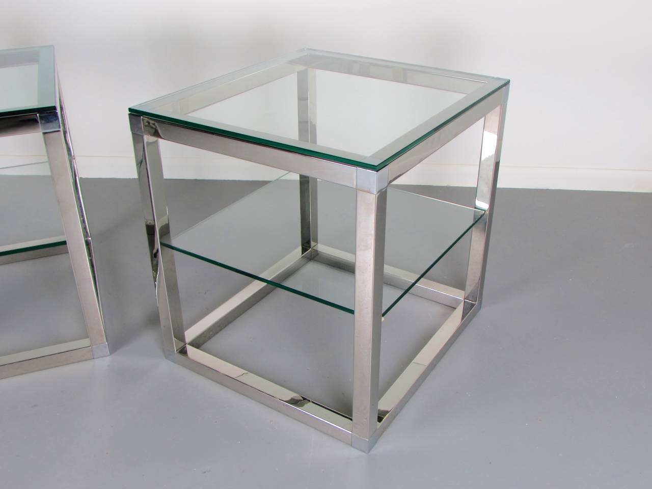 Mid-Century Modern Minimalist Chrome Cube Tables with Glass Shelves in the Style of Milo Baughman