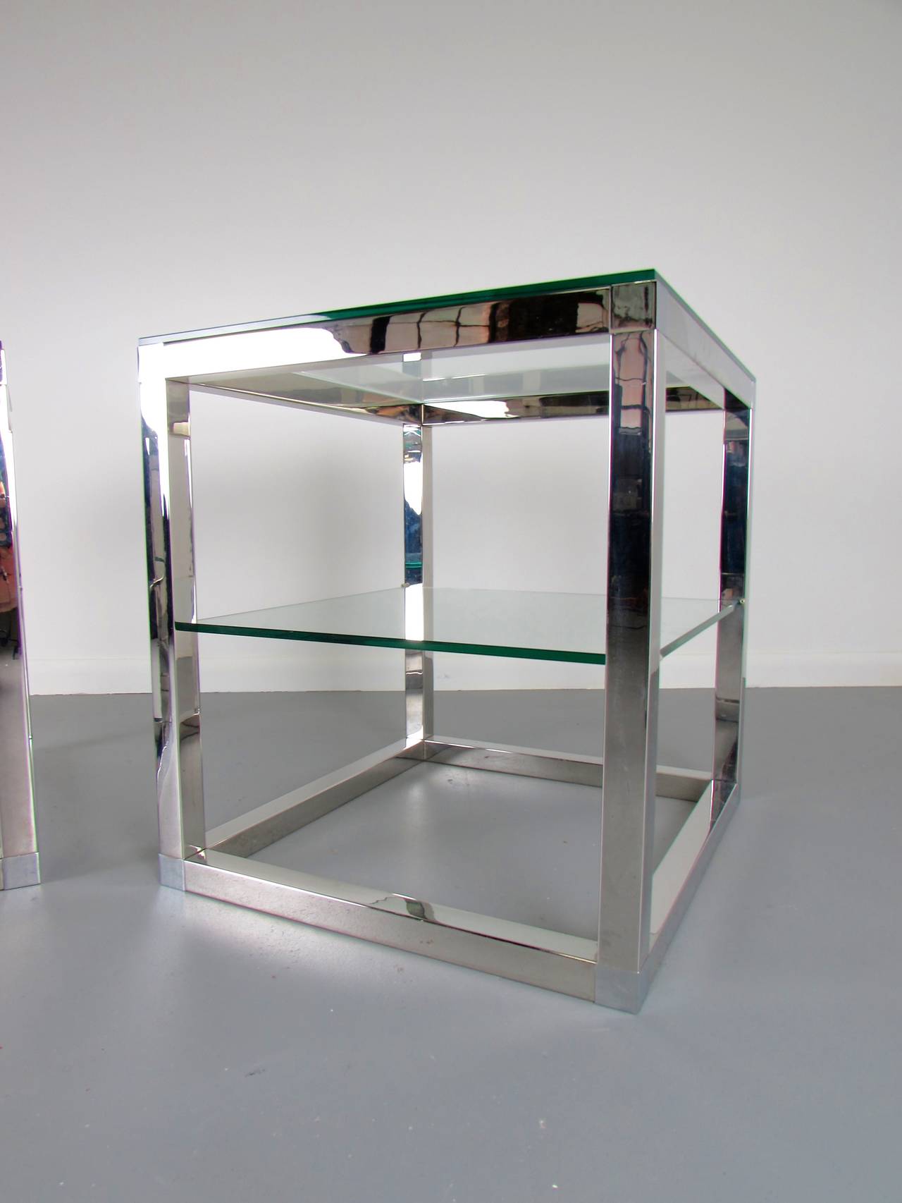Minimalist Chrome Cube Tables with Glass Shelves in the Style of Milo Baughman 2