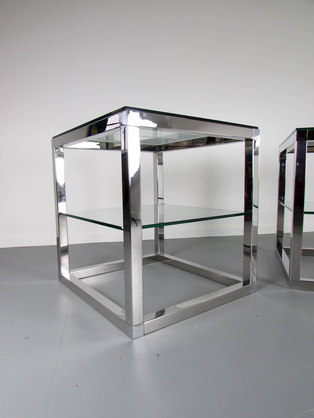 Minimalist Chrome Cube Tables with Glass Shelves in the Style of Milo Baughman 3