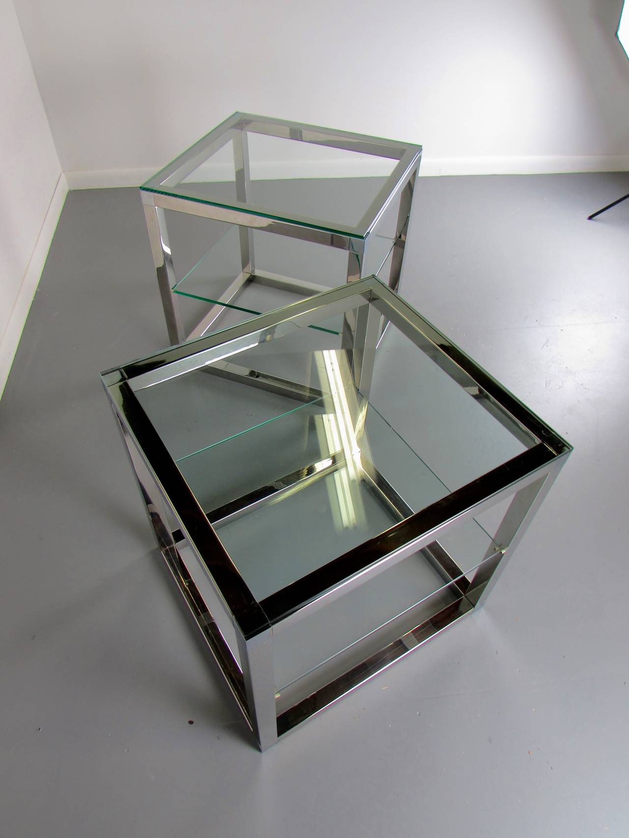 Minimalist Chrome Cube Tables with Glass Shelves in the Style of Milo Baughman 1