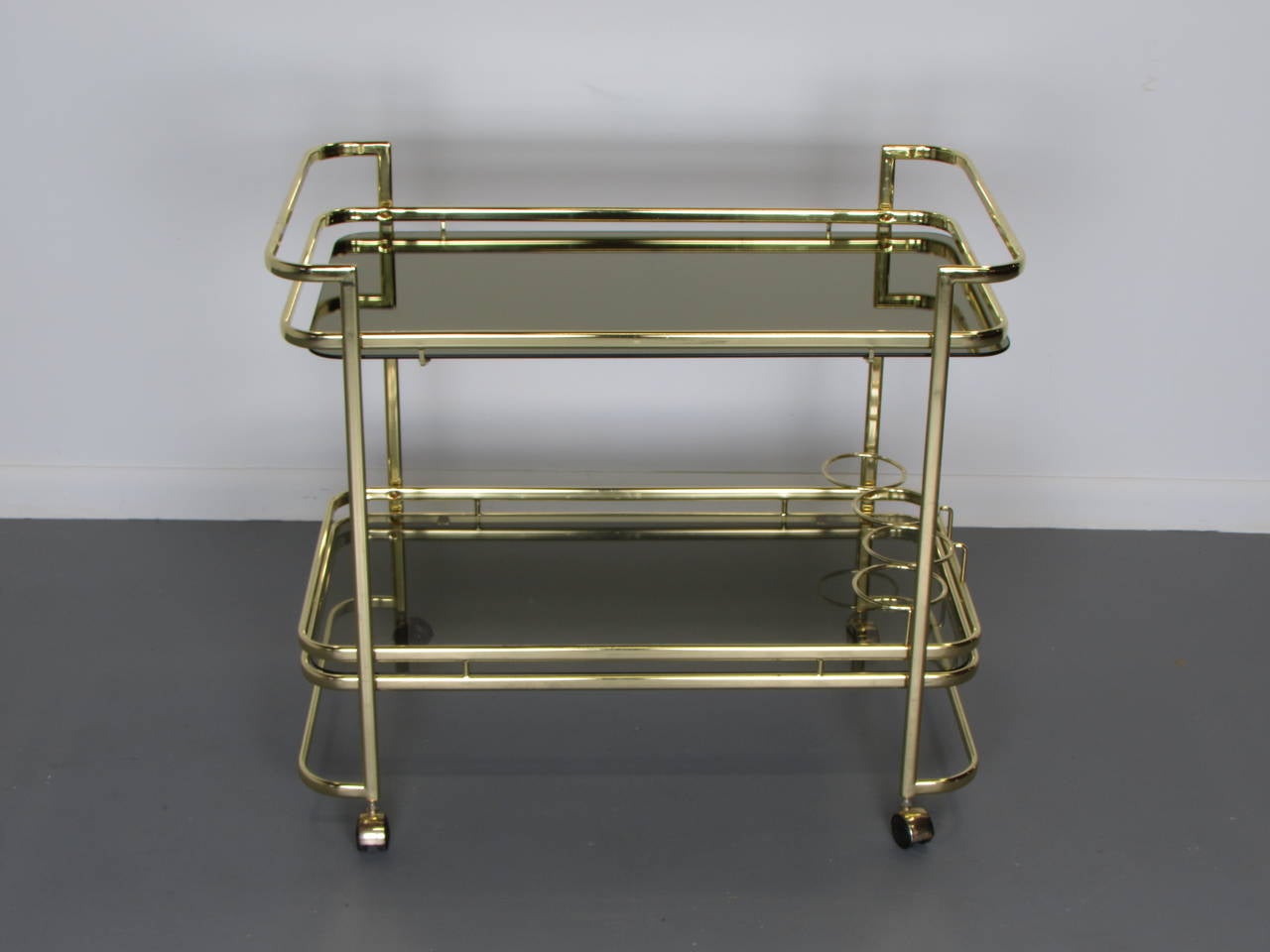 American Beautiful Radiant Brass Bar Cart with Smoked Glass, 1970s