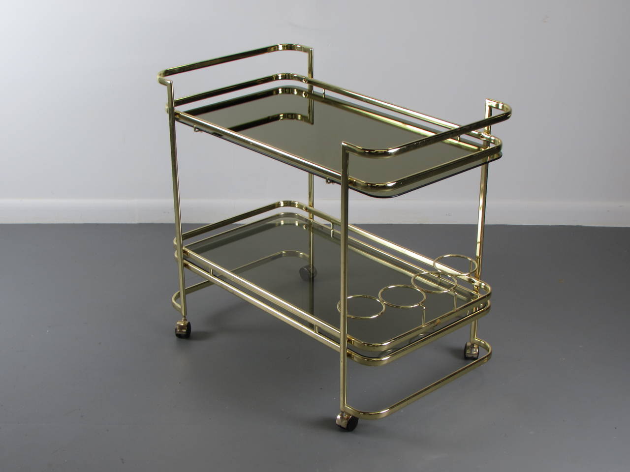 Late 20th Century Beautiful Radiant Brass Bar Cart with Smoked Glass, 1970s