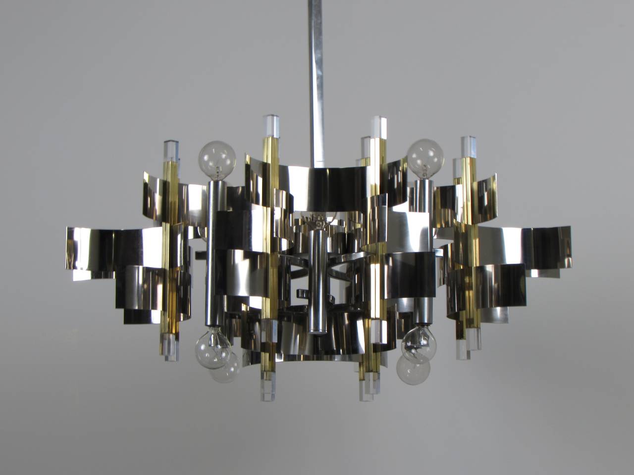 Late 20th Century Sculptural Brass Chrome and Lucite Chandelier by Gaetano Sciolari, Signed 1970s