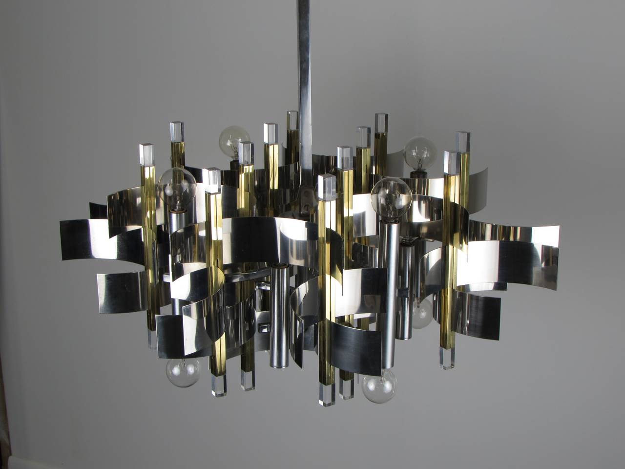 Sculptural Brass Chrome and Lucite Chandelier by Gaetano Sciolari, Signed 1970s 1