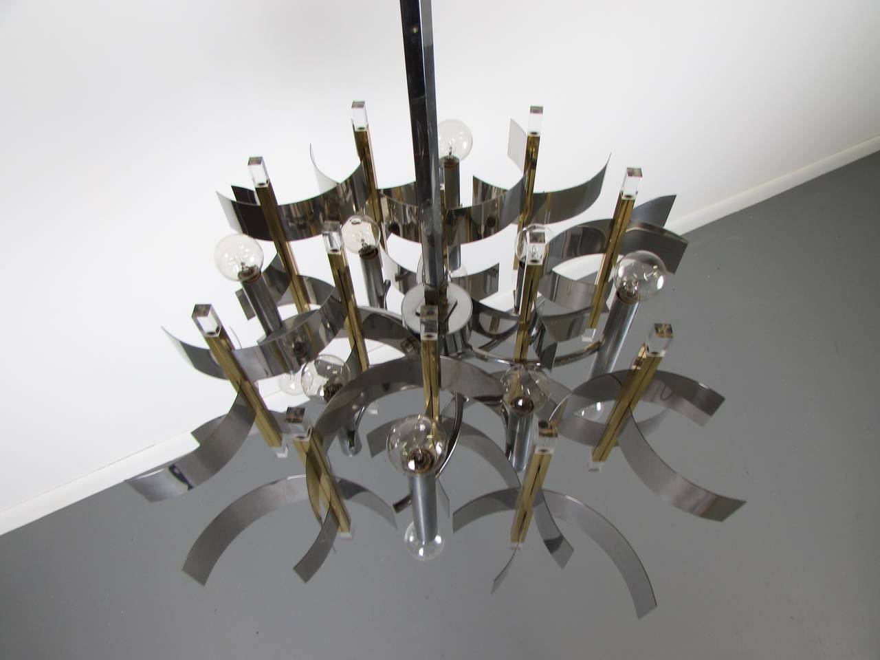 Sculptural Brass Chrome and Lucite Chandelier by Gaetano Sciolari, Signed 1970s 2