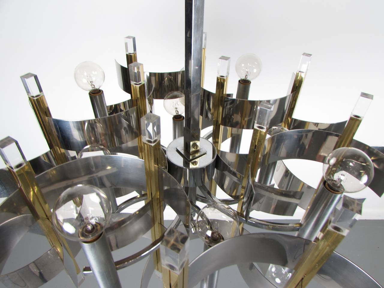 Sculptural Brass Chrome and Lucite Chandelier by Gaetano Sciolari, Signed 1970s 4
