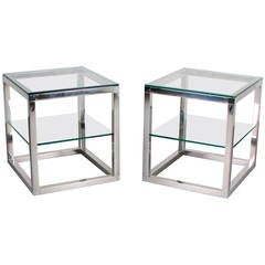 Minimalist Chrome Cube Tables with Glass Shelves in the Style of Milo Baughman