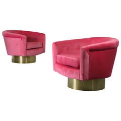 Pair of Milo Baughman Velvet Lounge Chairs with Brass Bases, 1970s