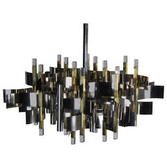 Sculptural Brass Chrome and Lucite Chandelier by Gaetano Sciolari, Signed 1970s
