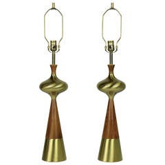 Voluptuous Table Lamps in Walnut and Brass by Tony Paul for Westwood, 1950s