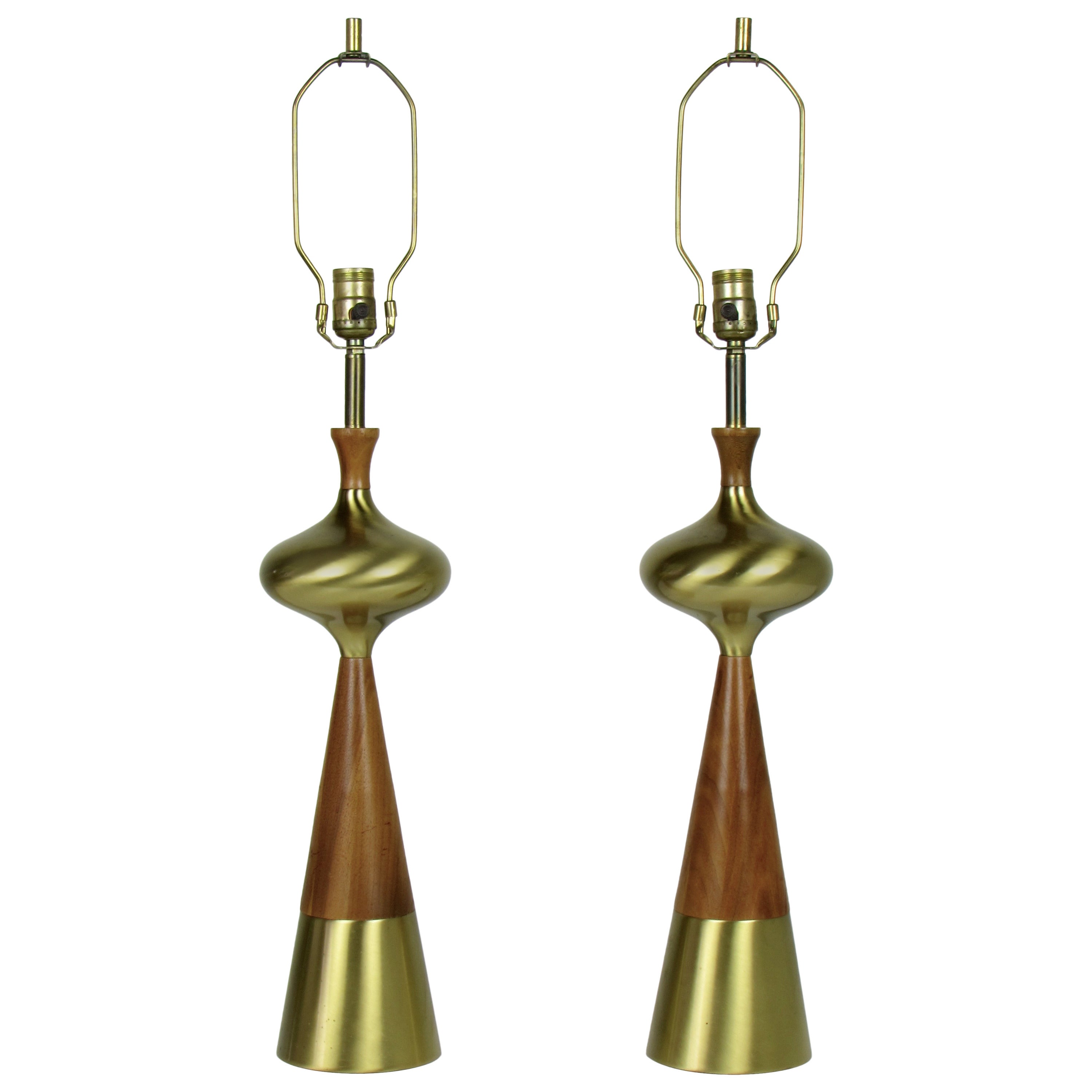 Voluptuous Table Lamps in Walnut and Brass by Tony Paul for Westwood, 1950s